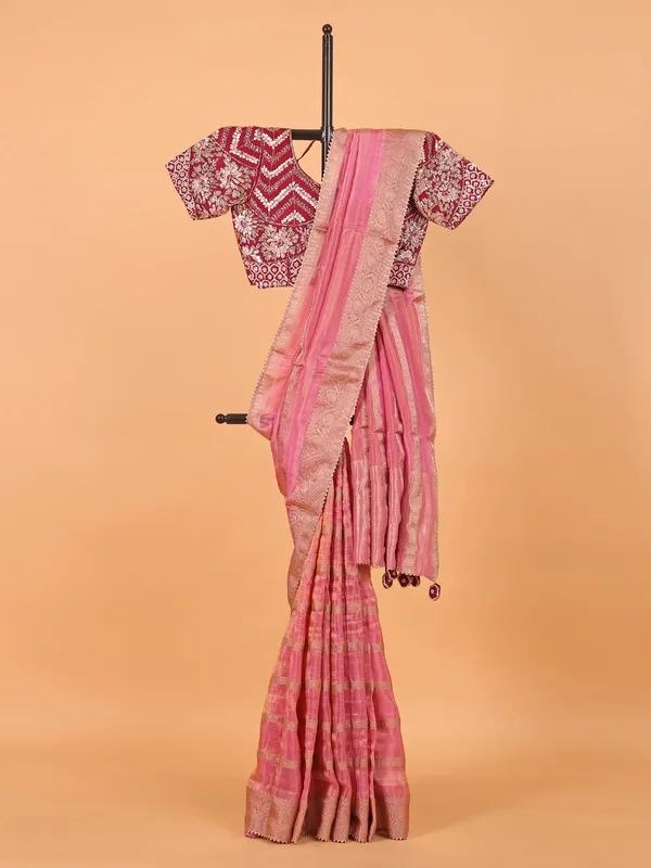 Pink wedding wear saree in soft organza