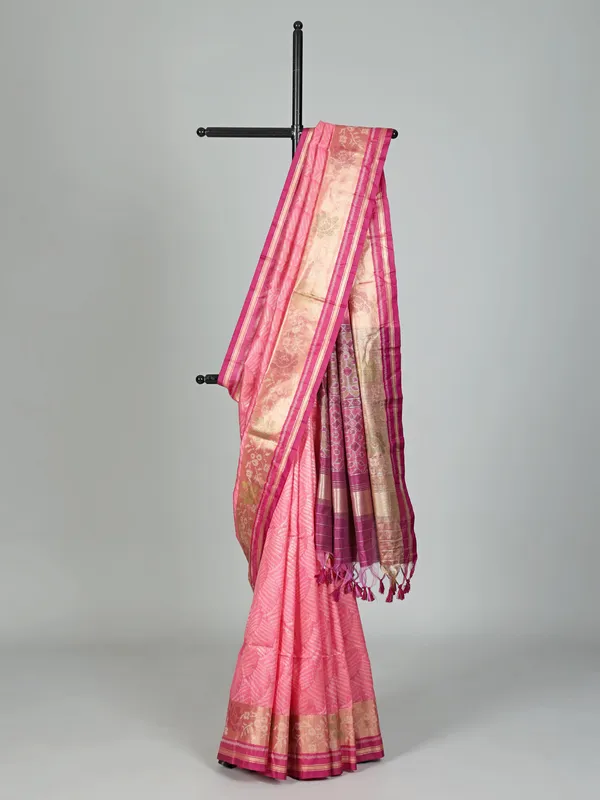 Pink zari weaving semi cotton silk saree for festive