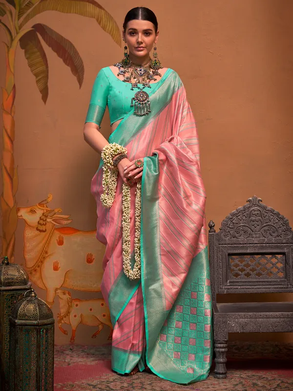 Pink zari weaving silk saree for festive