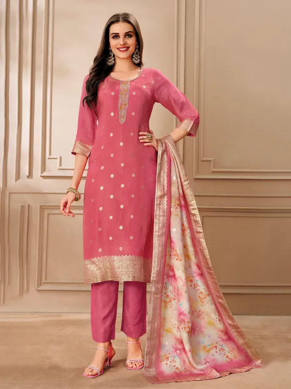 Pink zari worked organza salwar suit with printed dupatta
