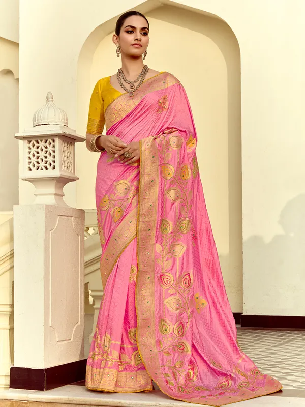 Pink zari worked silk saree for reception wear