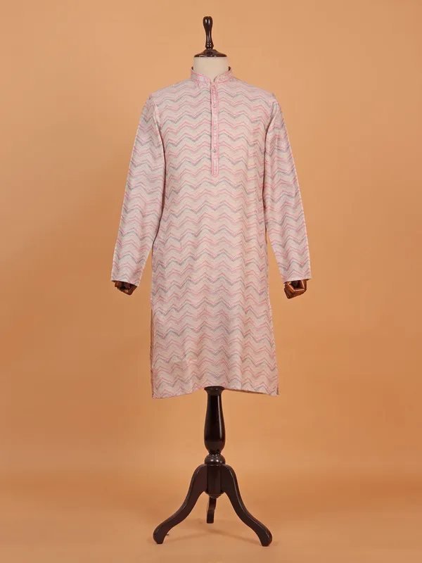 Pink zigzag printed silk kurta suit for men