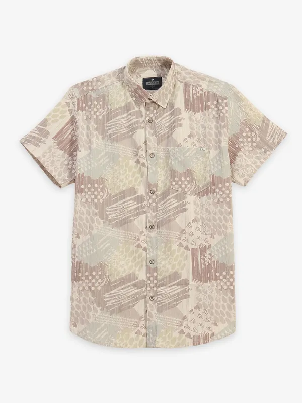 PIONEER cream printed cotton slim fit shirt