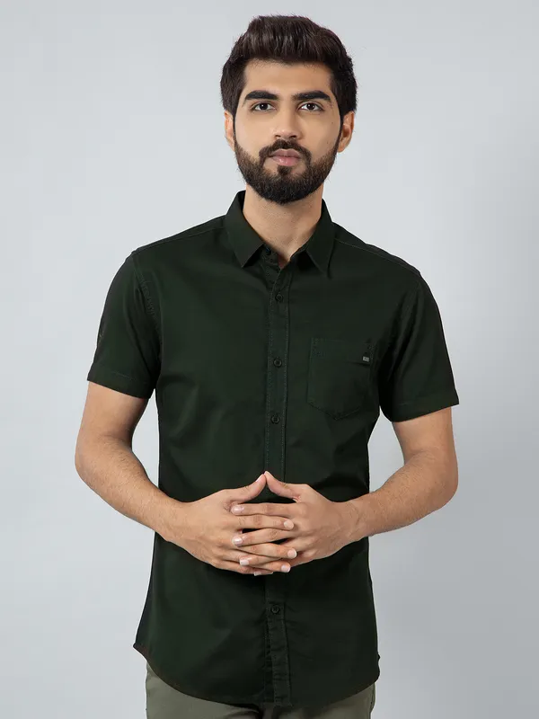 Pioneer dark olive cotton casual wear shirt for men