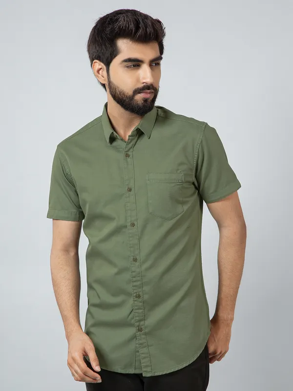 Pioneer solid green color cotton casual shirt
