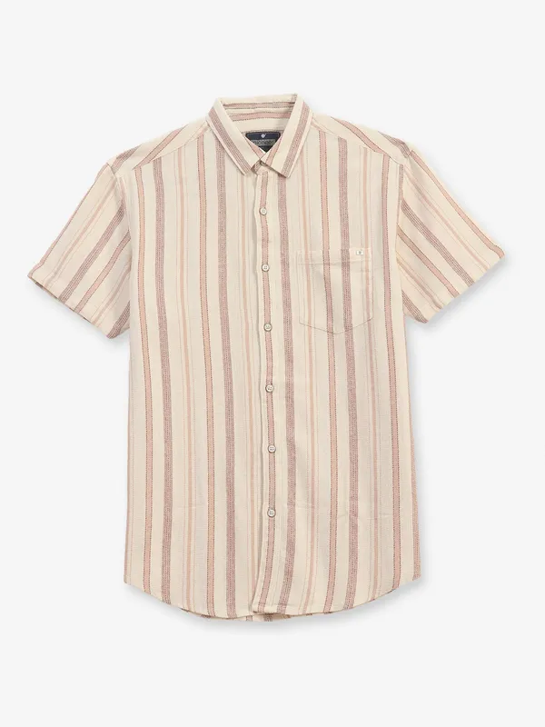 PIONEER stripe cream cotton slim fit shirt