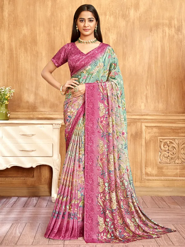 Pista green and pink crepe saree for women