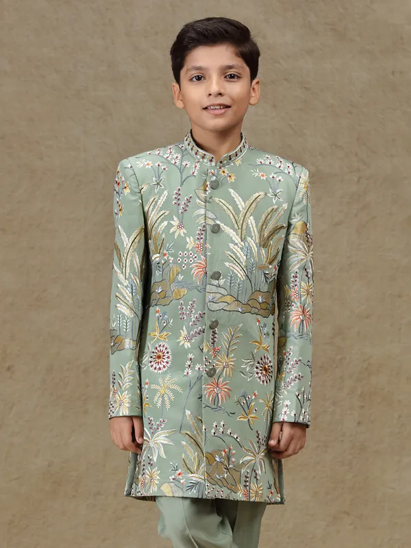 Pista green boys indowestern in silk