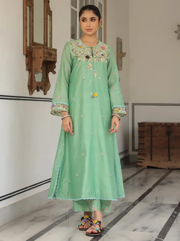 Pista green chanderi silk kurti set for festival