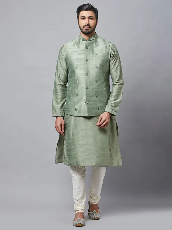 Pista green colour raw silk waistcoat set for men