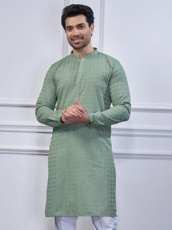 Pista green cotton embroidery kurta suit for men
