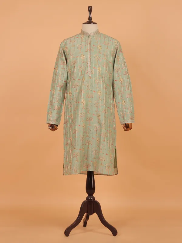 Pista green cotton festive kurta set for men