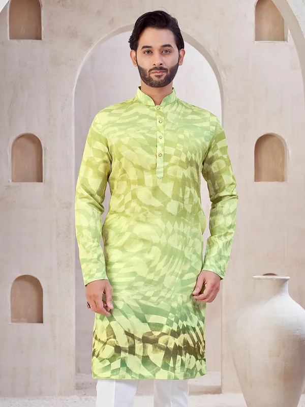 Pista green cotton printed kurta suit for mens