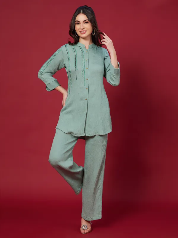 Pista green cotton silk casual co ord set