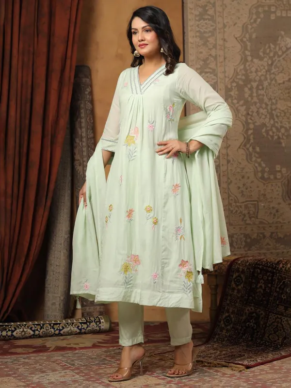 Pista green cotton silk kurti set for women