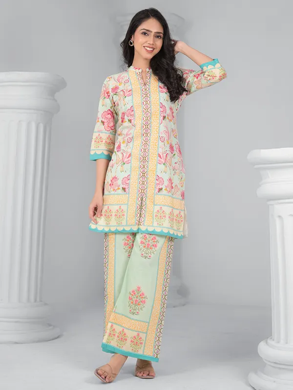 Pista green cotton silk palazzo kurti set in printed