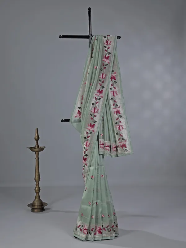 Pista green cotton silk saree with thread and zari