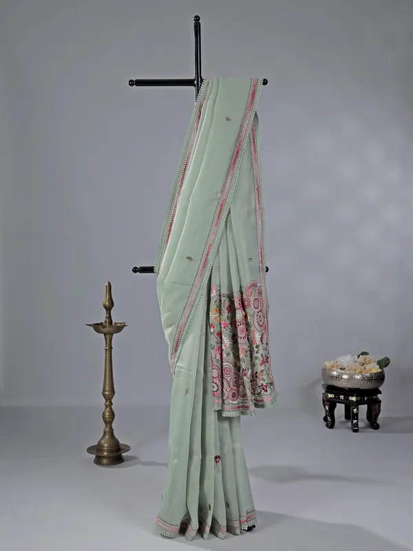 Pista green cotton silk saree with thread weaving