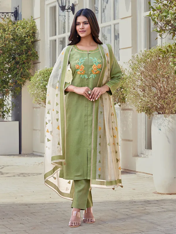 Pista green cotton silk thread work salwar suit