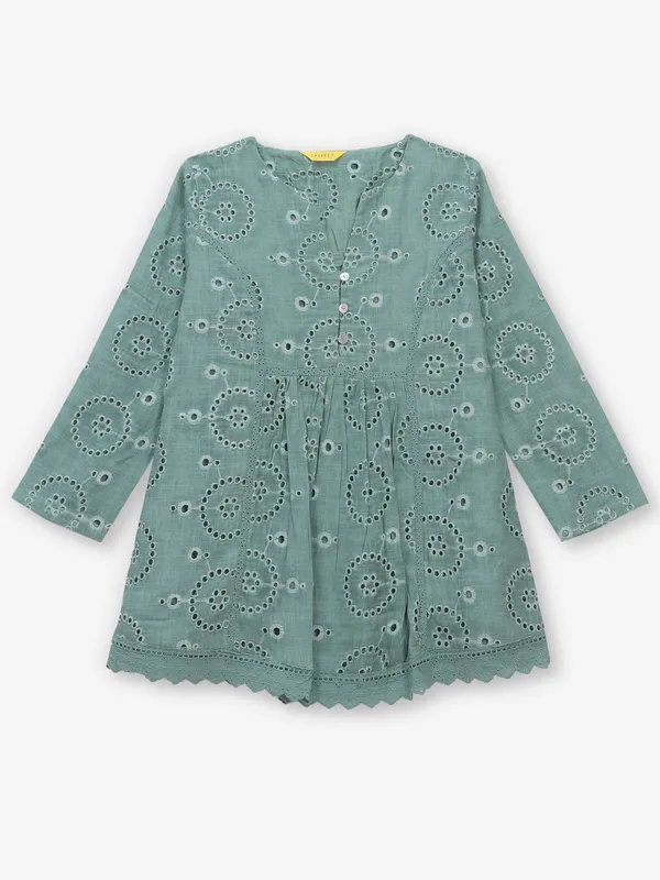 Pista green cotton silk top with cutwork