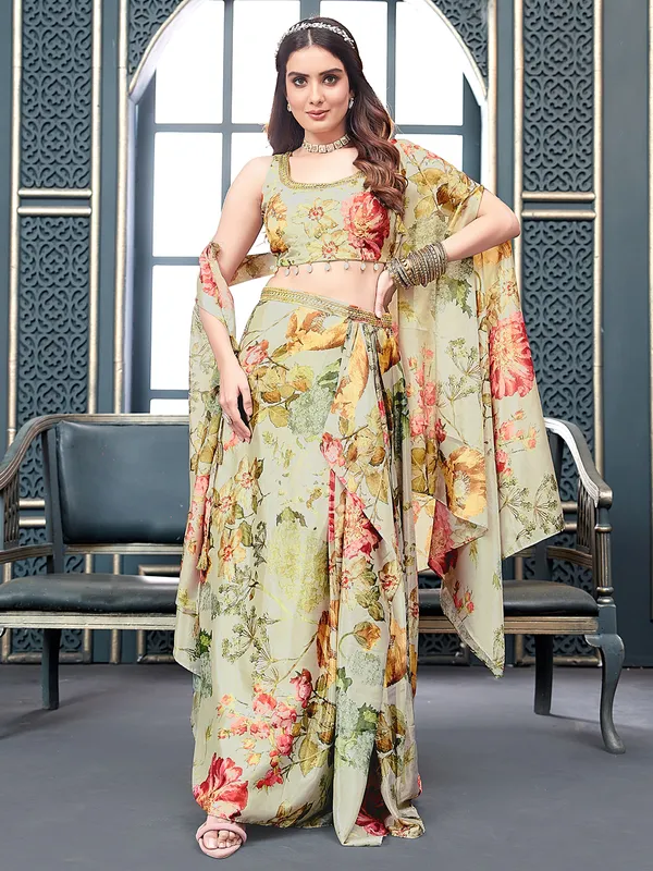 Pista green crepe printed indowestern