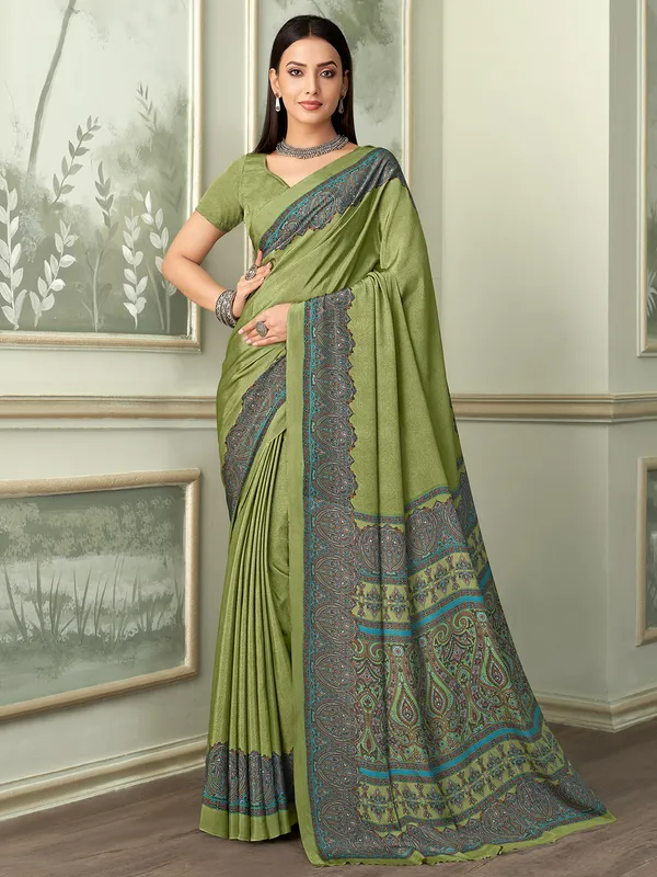 Pista green crepe saree with print