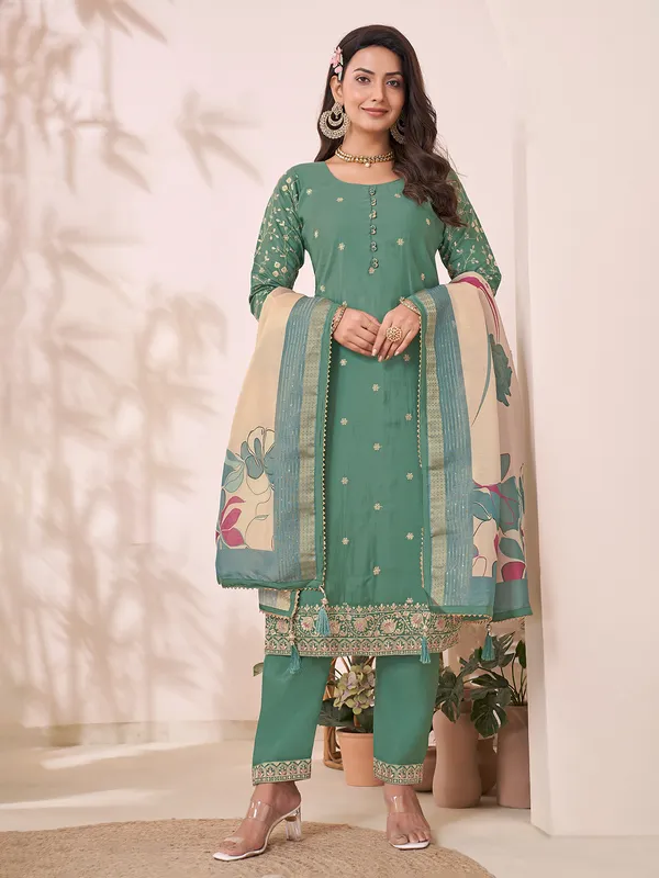 Pista green embroidered silk salwar suit with dupatta