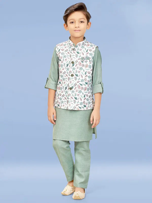 Pista green floral printed silk waistcoat set for boys