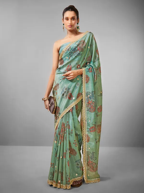 Pista green floral printed tissue silk saree