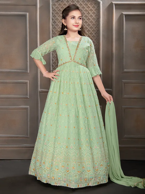 Pista green georgette embroidery gown