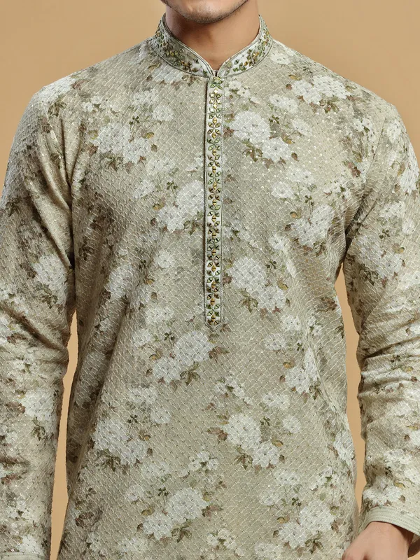 Olive georgette floral printed  Men Kurta pajama