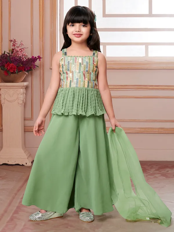 Pista green georgette palazzo set with dupatta