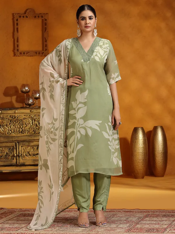 Pista green georgette printed salwar suit