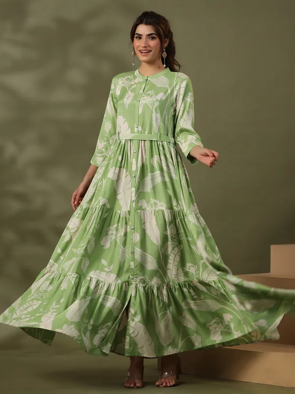 Pista green leaf printed kurti