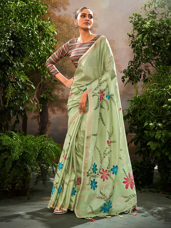 Pista green linen foral printed saree