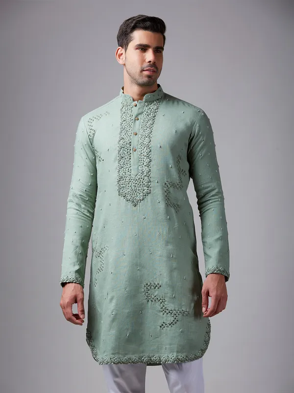 Pista green linen kurta suit for festive