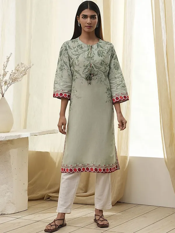 Pista green printed cotton silk kurti
