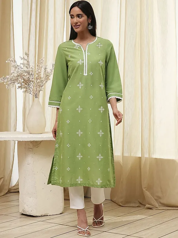 Pista green printed cotton silk kurti for women