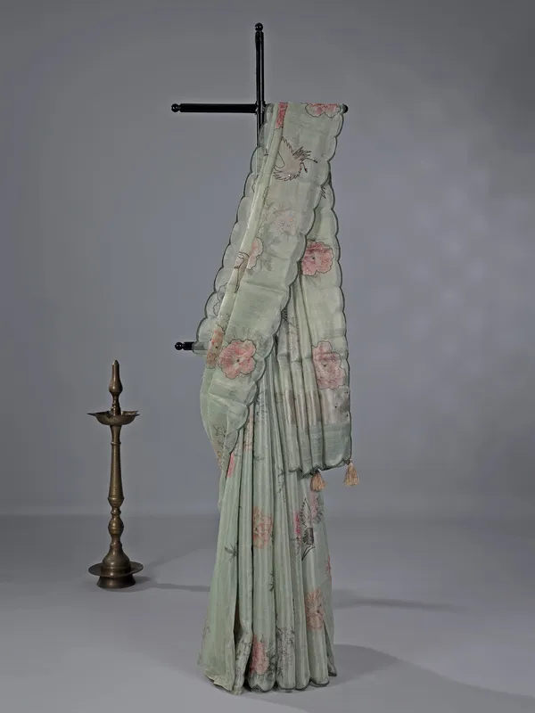 Pista green printed cotton silk saree