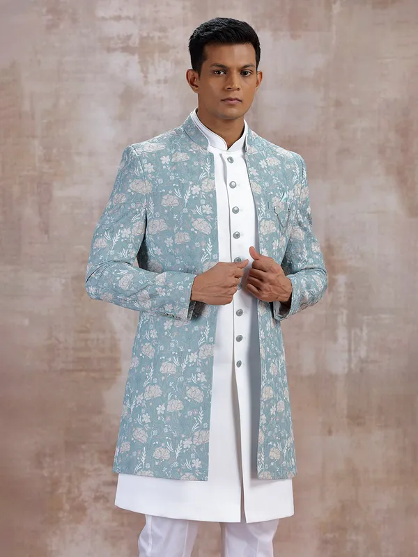 Pista green printed jacket style indo western