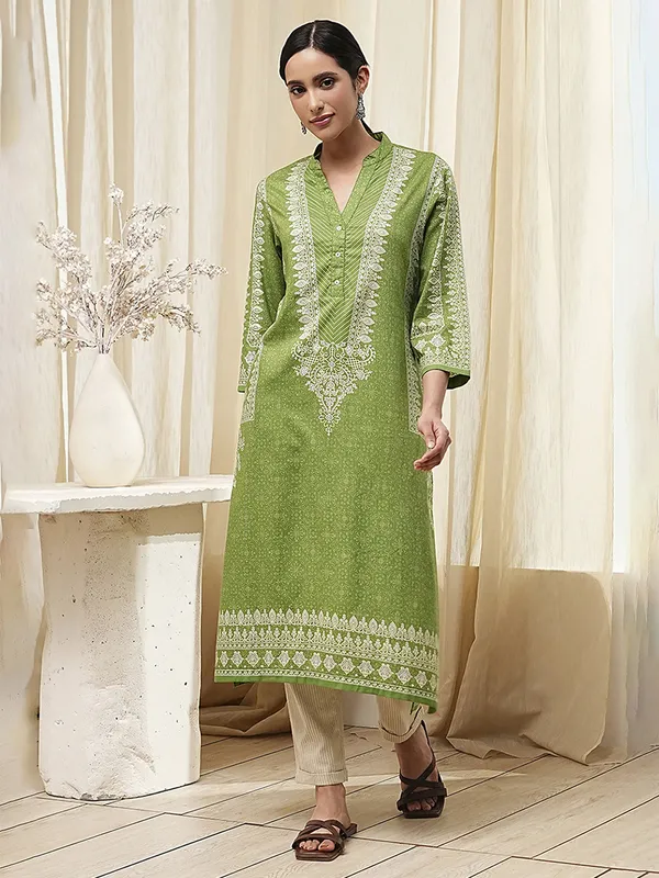 Pista green printed kurti in silk