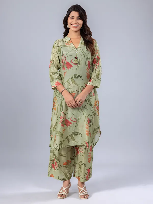 Pista green printed kurti set in silk
