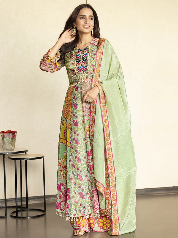 Pista green printed palazzo suit in silk