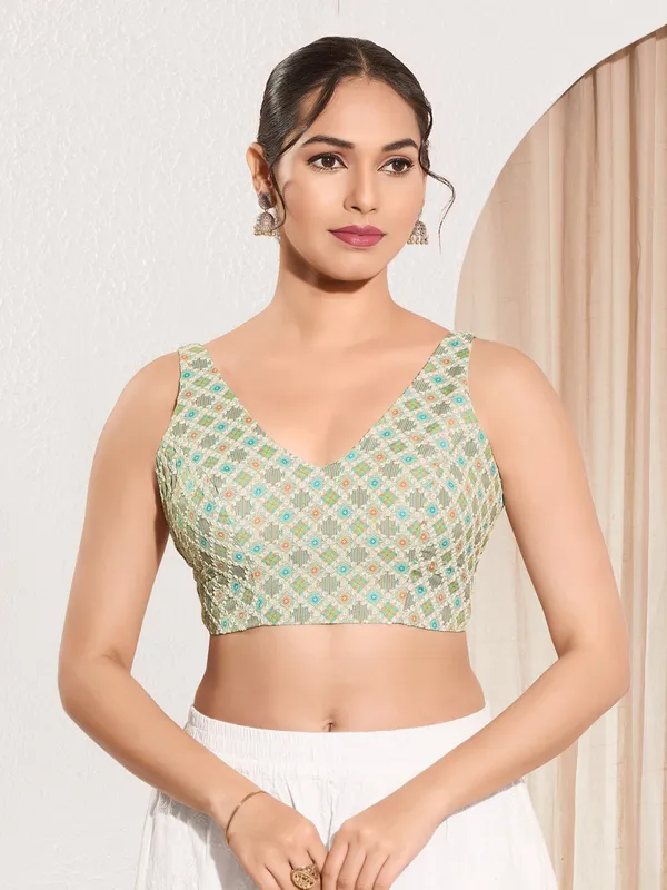 Pista green printed ready made blouse