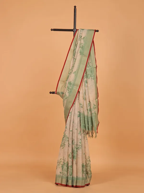 Pista green printed semi linen saree for festive