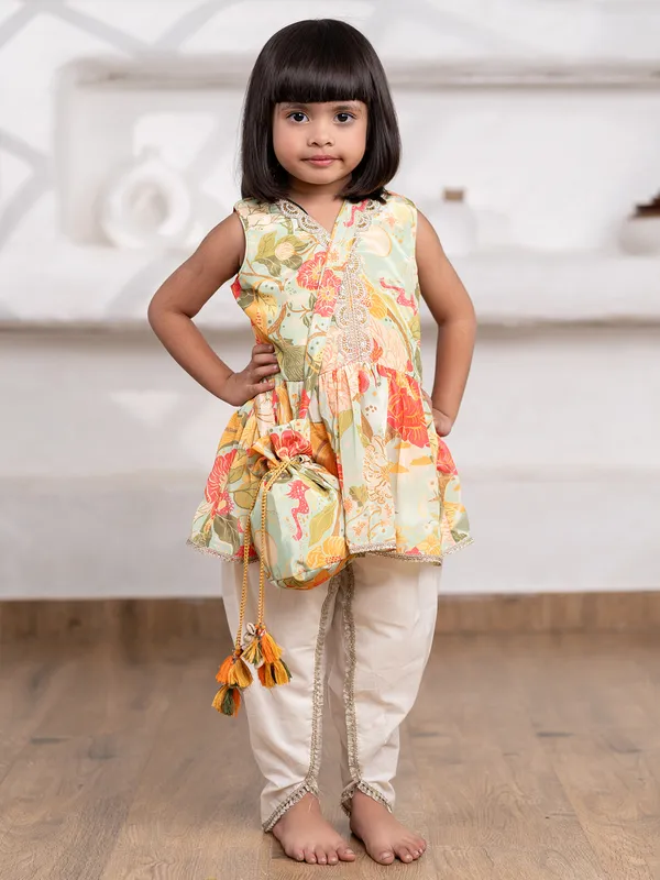 Pista green printed silk dhoti suit