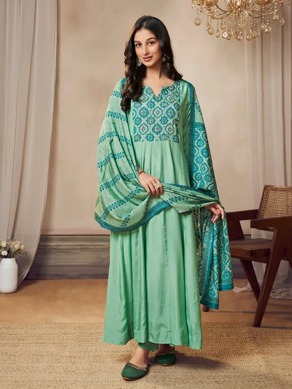 Pista green printed silk kurti set for women