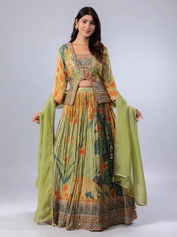 Pista green printed silk lehenga choli