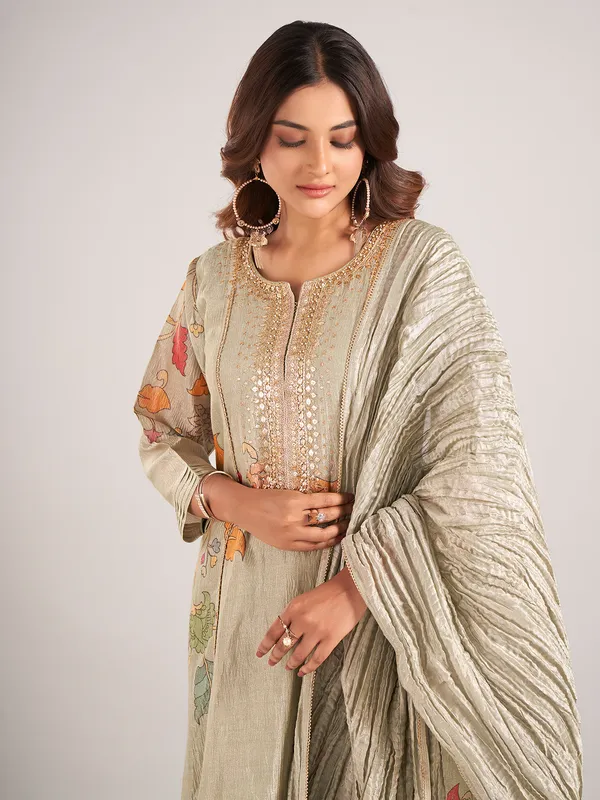 Pista green printed silk salwar suit with dupatta