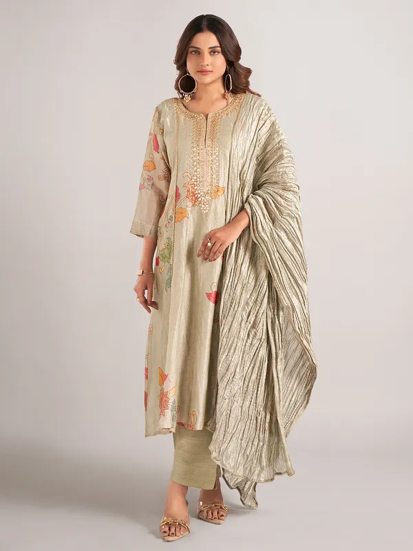 Pista green printed silk salwar suit with dupatta